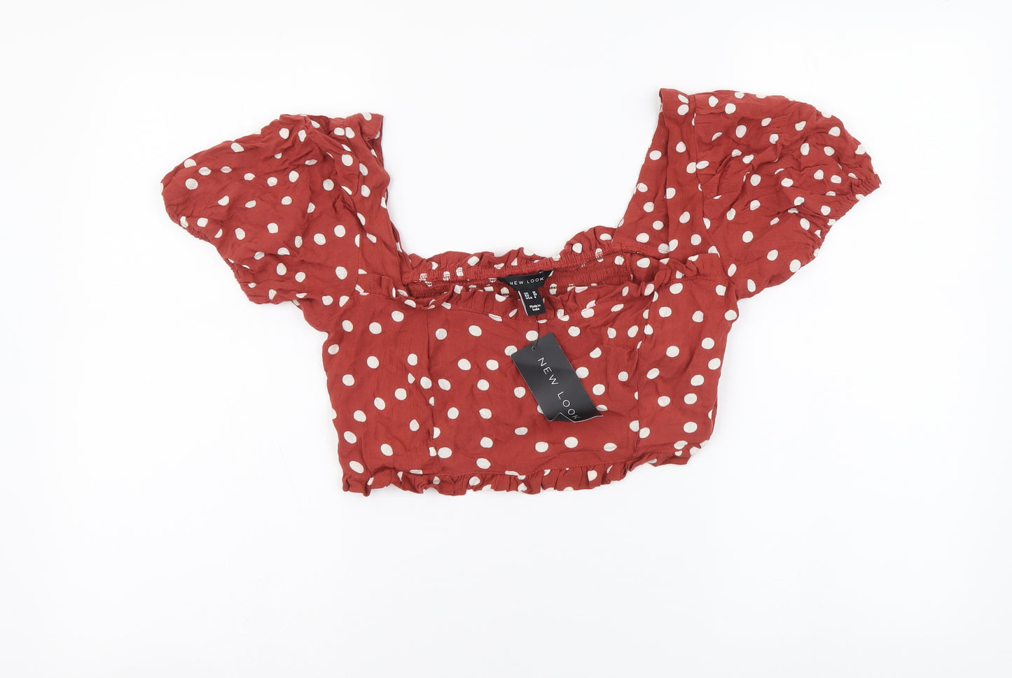 New Look Womens Red Polka Dot Viscose Cropped Blouse Size 10 Square Neck