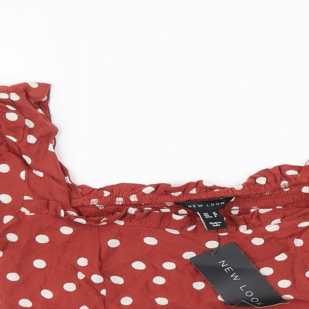 New Look Womens Red Polka Dot Viscose Cropped Blouse Size 10 Square Neck