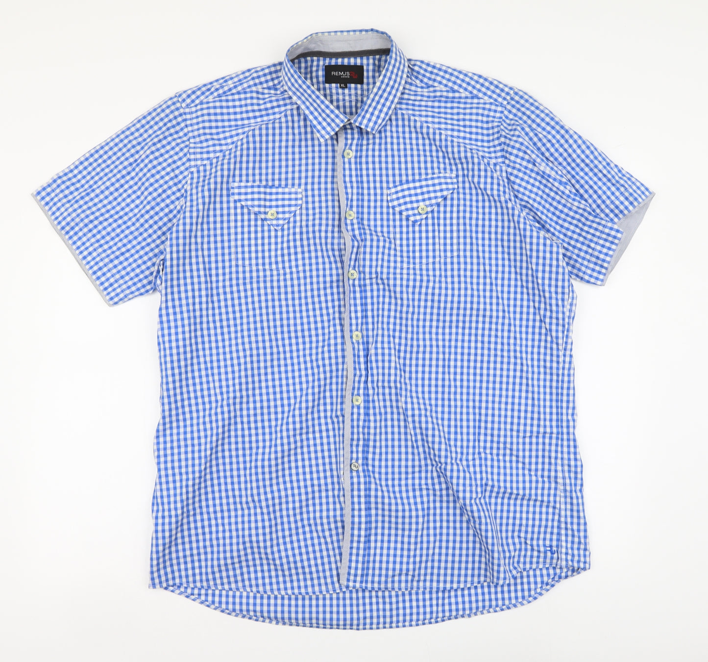 REMUS Mens Blue Check Cotton Button-Up Size XL Collared Button