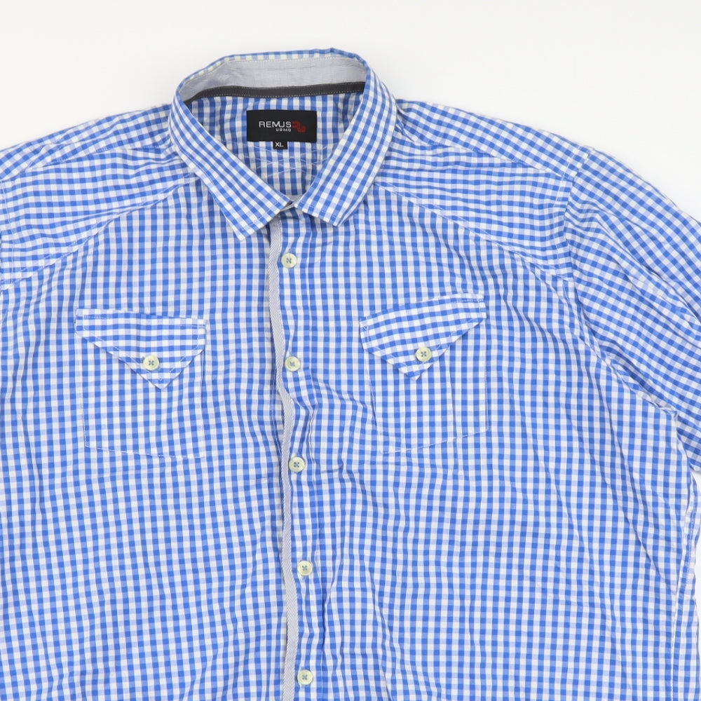 REMUS Mens Blue Check Cotton Button-Up Size XL Collared Button
