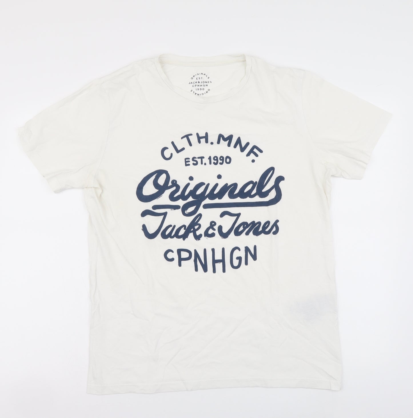 JACK & JONES Mens White Cotton T-Shirt Size L Round Neck