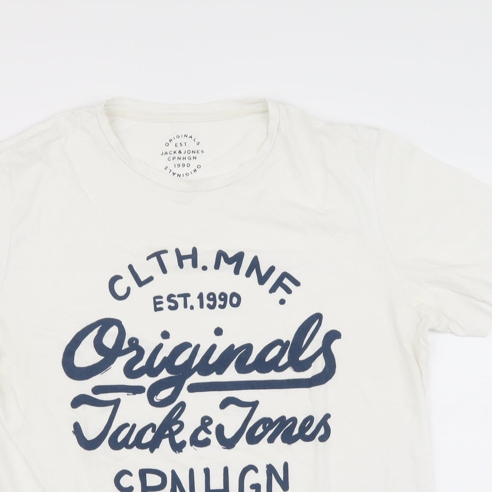 JACK & JONES Mens White Cotton T-Shirt Size L Round Neck