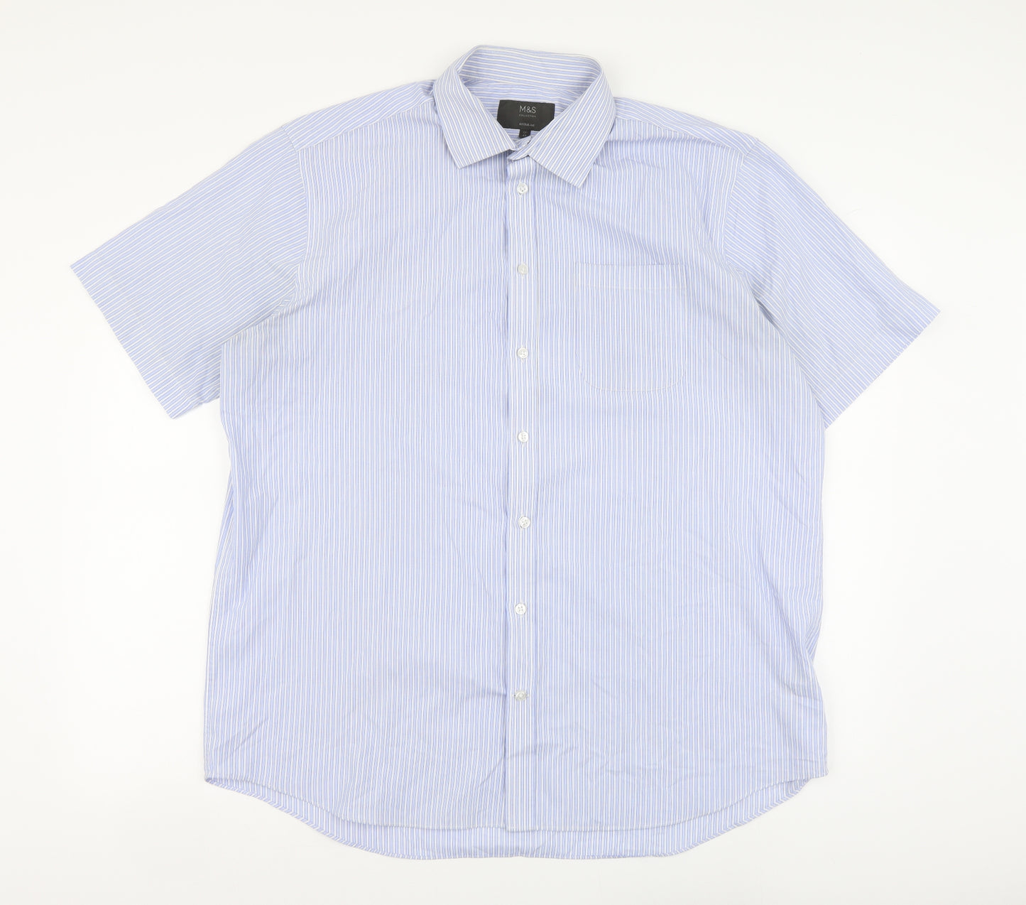 Marks and Spencer Mens Blue Striped Polyester Button-Up Size 17 Collared Button