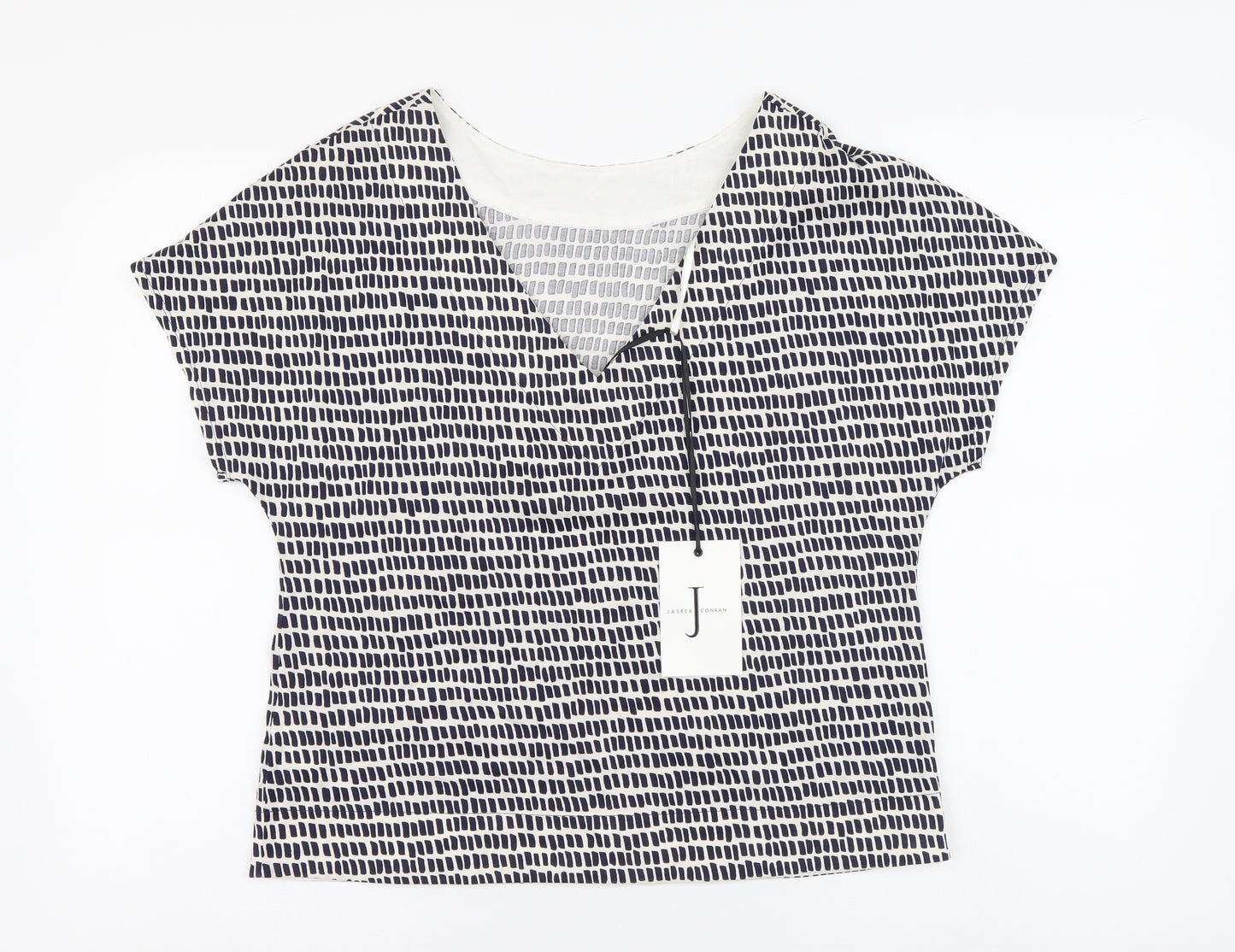 Jasper Conran Womens Blue Geometric Cotton Basic Blouse Size 10 Round Neck