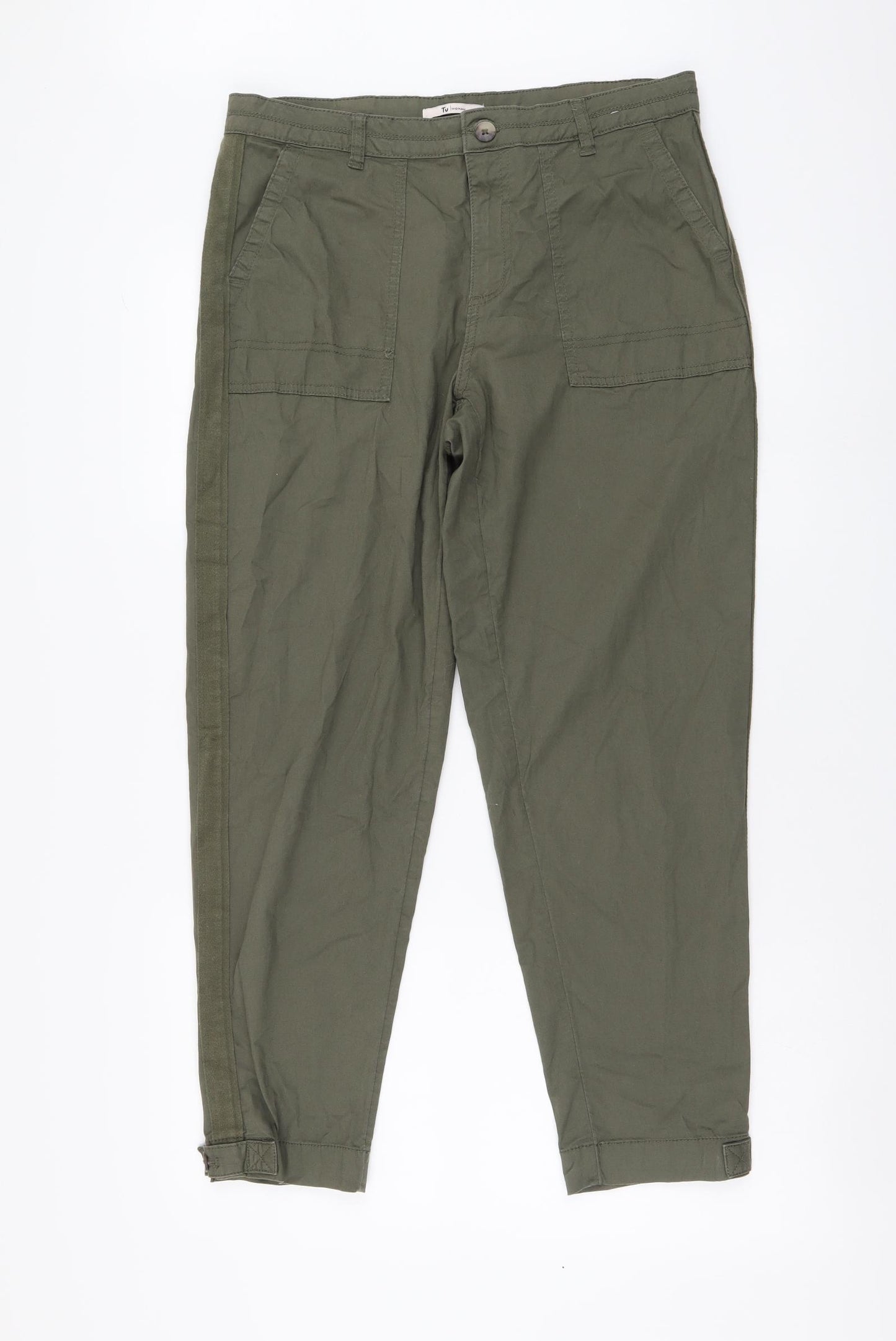 TU Womens Green Cotton Trousers Size 14 L27 in Regular Button