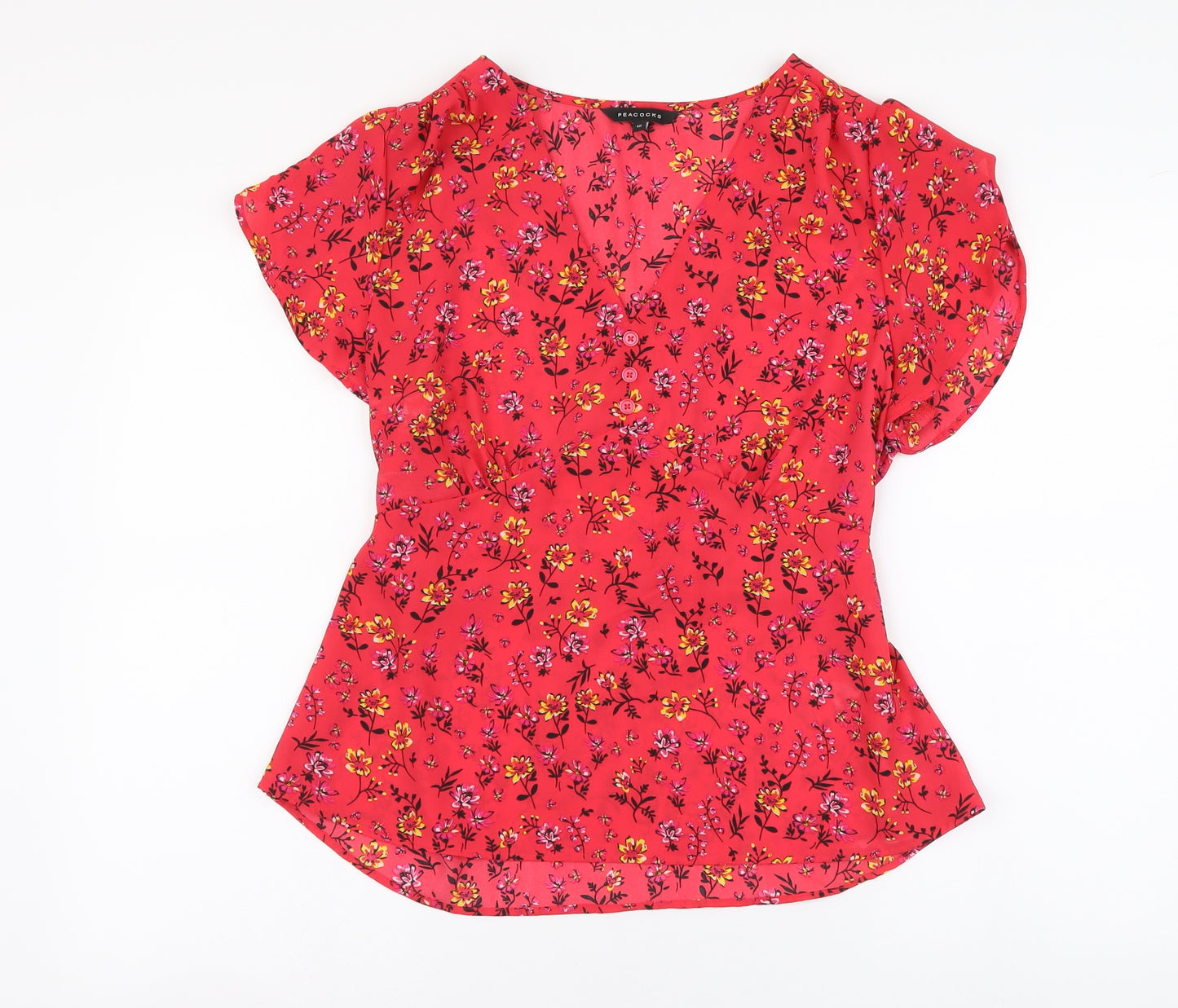 Peacocks Womens Red Floral Polyester Basic Blouse Size 12 V-Neck