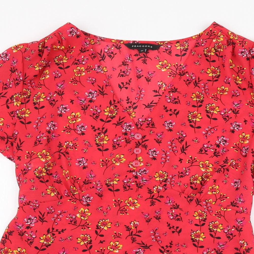 Peacocks Womens Red Floral Polyester Basic Blouse Size 12 V-Neck