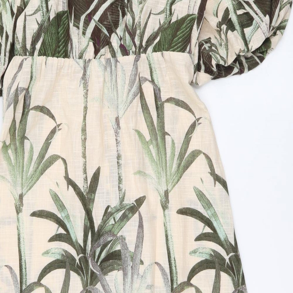 TU Womens Beige Geometric Cotton A-Line Size 10 V-Neck Button