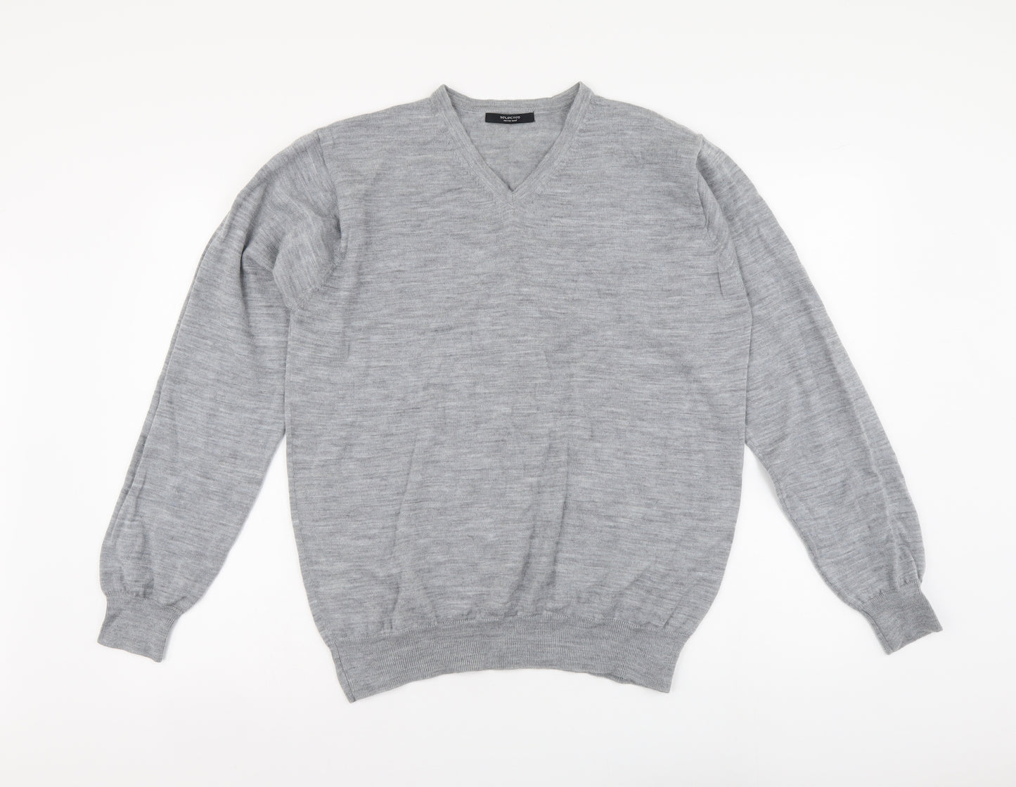 Selected Mens Grey V-Neck Wool Henley Jumper Size XL