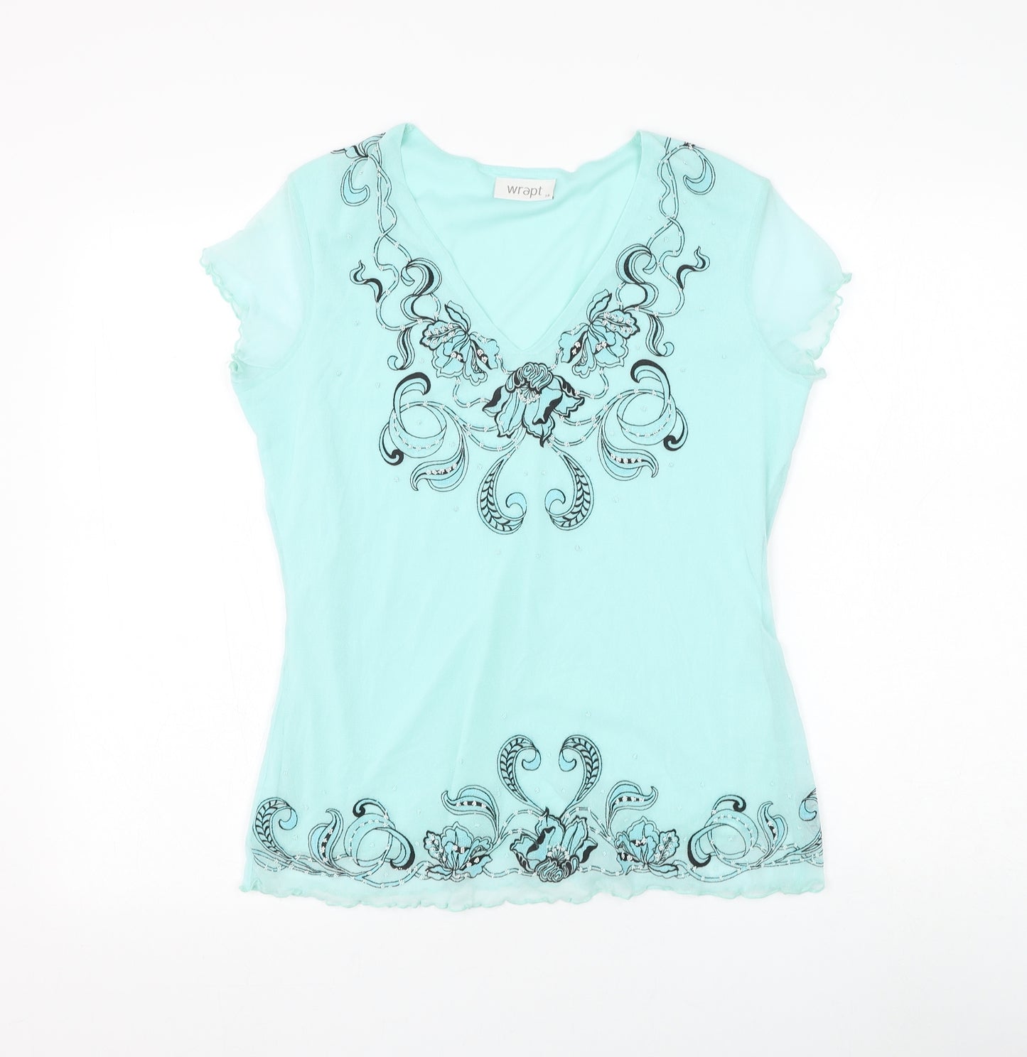 Wrapt Womens Blue Floral Nylon Basic Blouse Size 14 V-Neck - Lettuce Hem