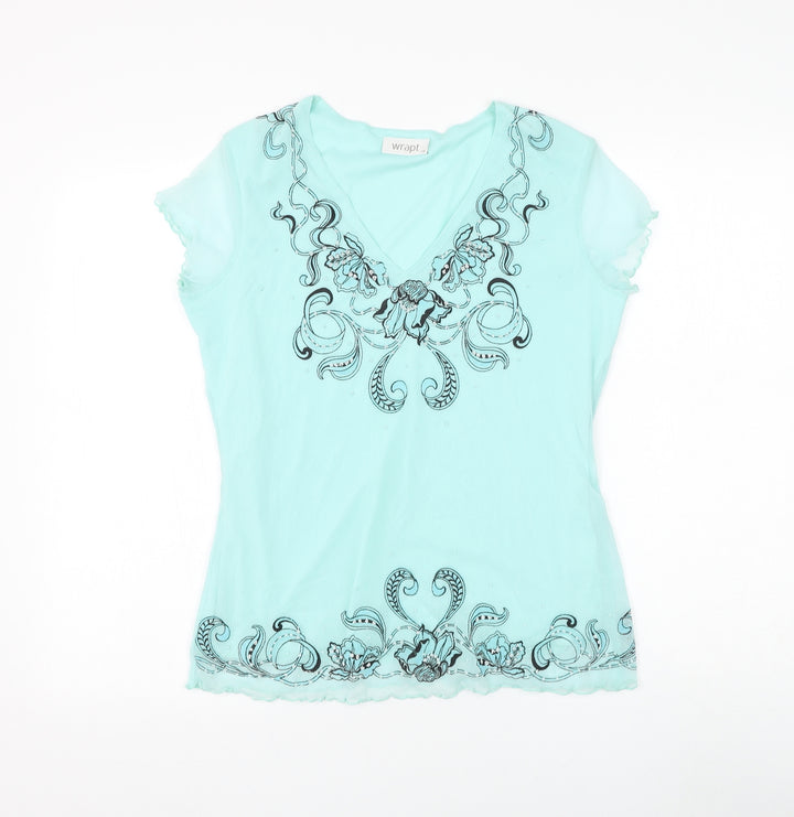 Wrapt Womens Blue Floral Nylon Basic Blouse Size 14 V-Neck - Lettuce Hem