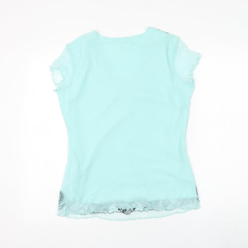 Wrapt Womens Blue Floral Nylon Basic Blouse Size 14 V-Neck - Lettuce Hem