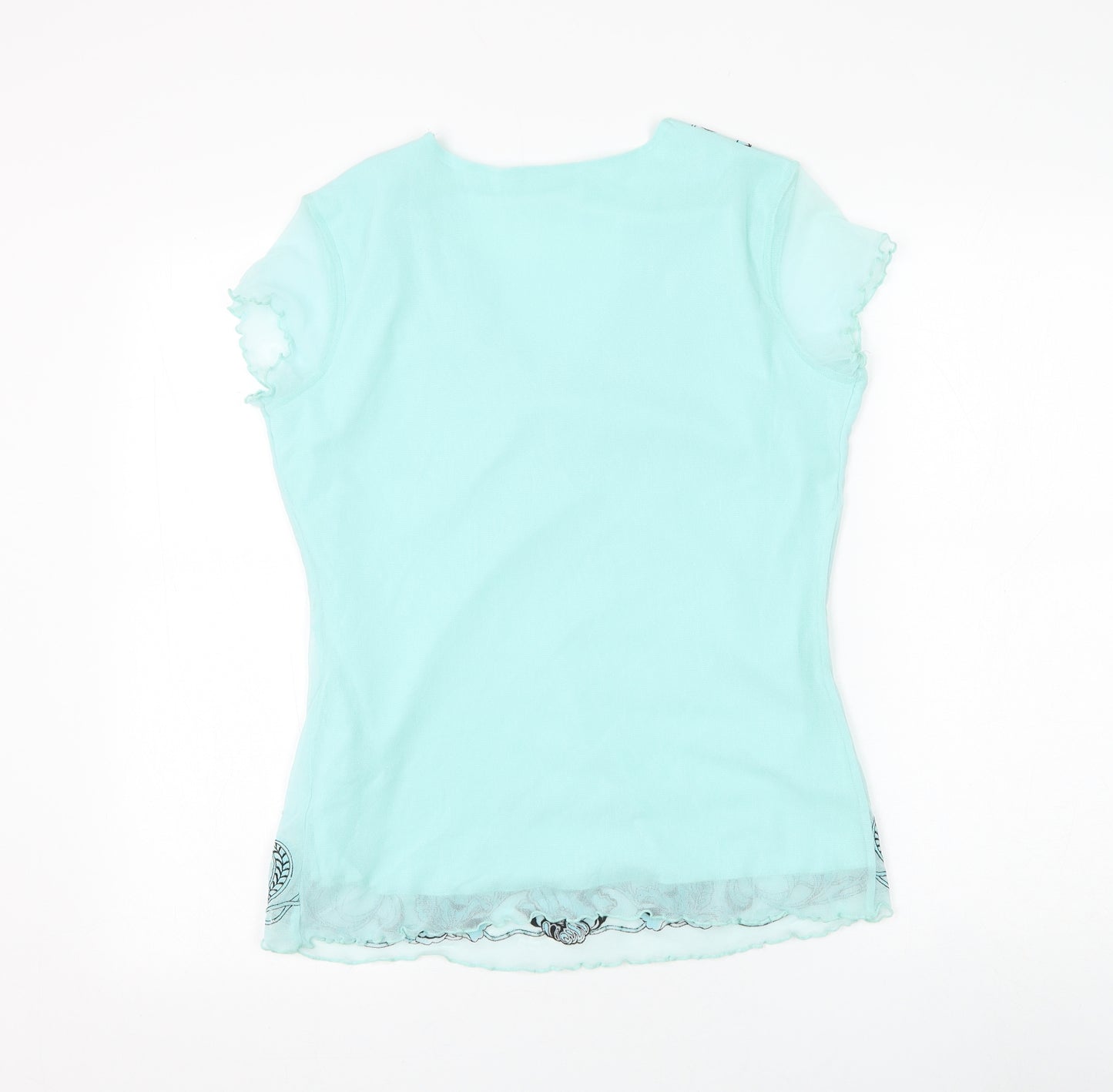 Wrapt Womens Blue Floral Nylon Basic Blouse Size 14 V-Neck - Lettuce Hem