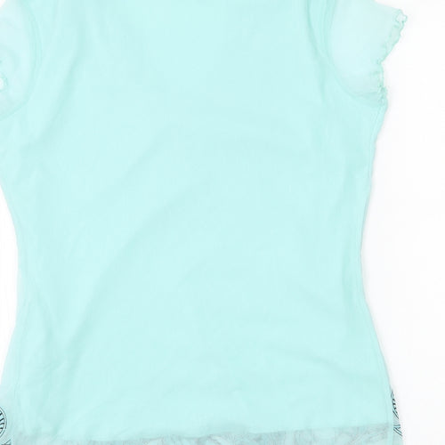 Wrapt Womens Blue Floral Nylon Basic Blouse Size 14 V-Neck - Lettuce Hem