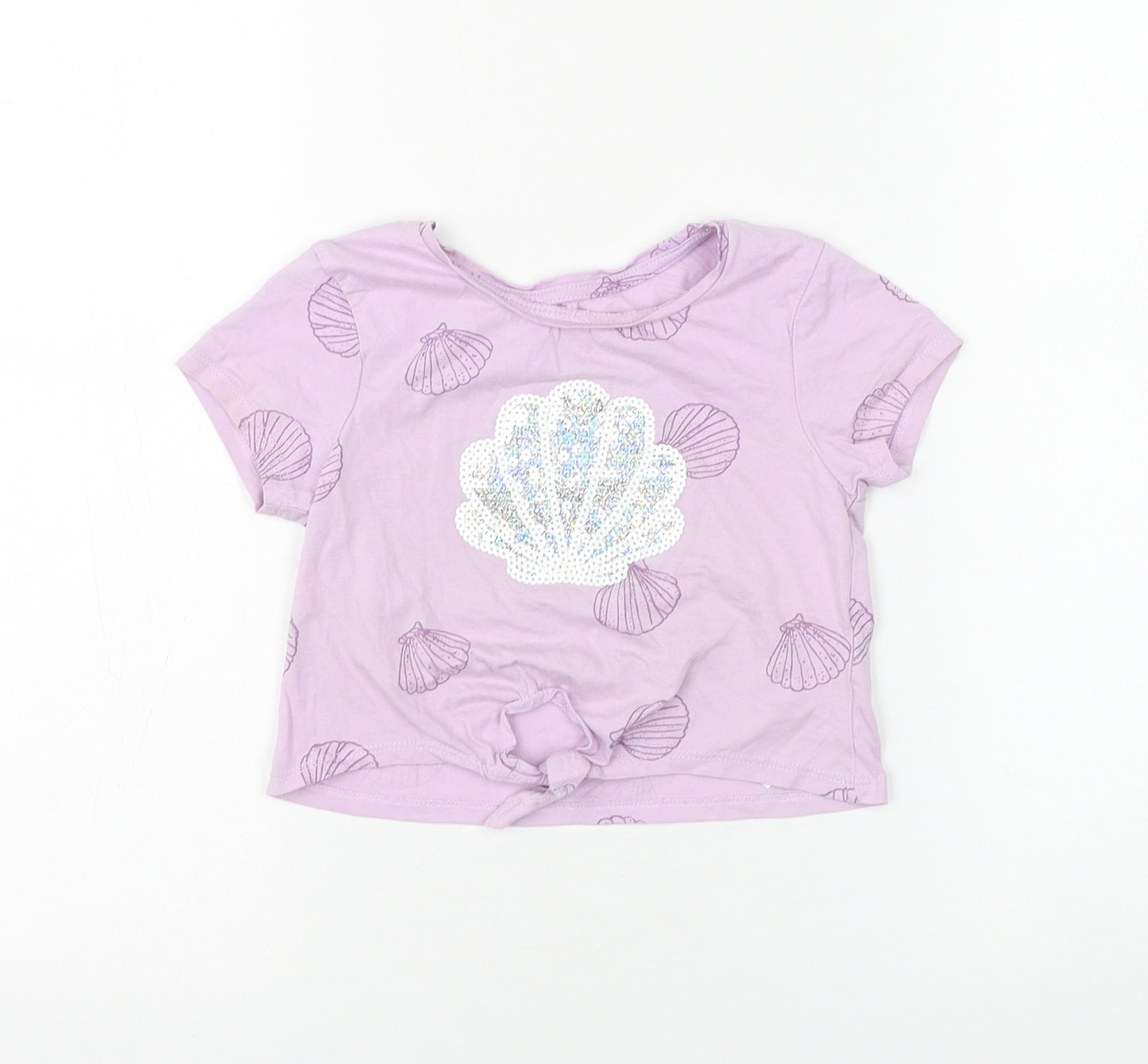 Primark Girls Purple Geometric Cotton Basic T-Shirt Size 4-5 Years Round Neck Pullover - Knot Front. Sea Shell
