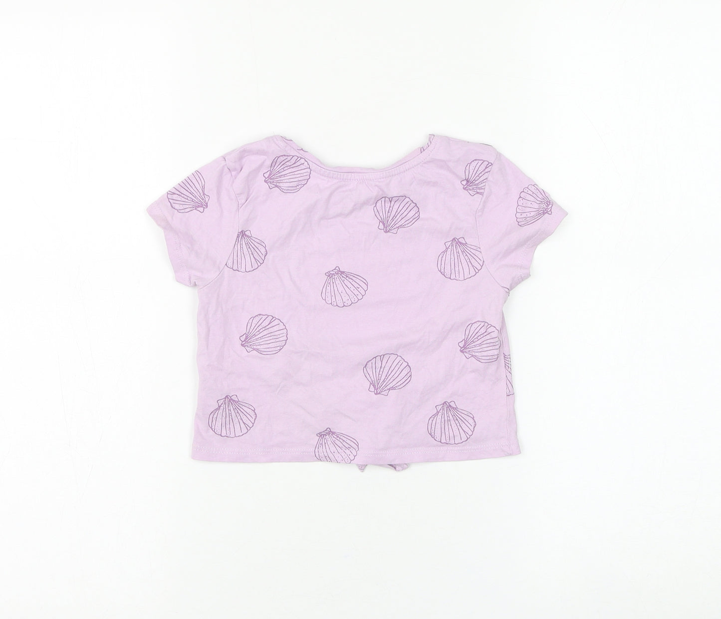 Primark Girls Purple Geometric Cotton Basic T-Shirt Size 4-5 Years Round Neck Pullover - Knot Front. Sea Shell