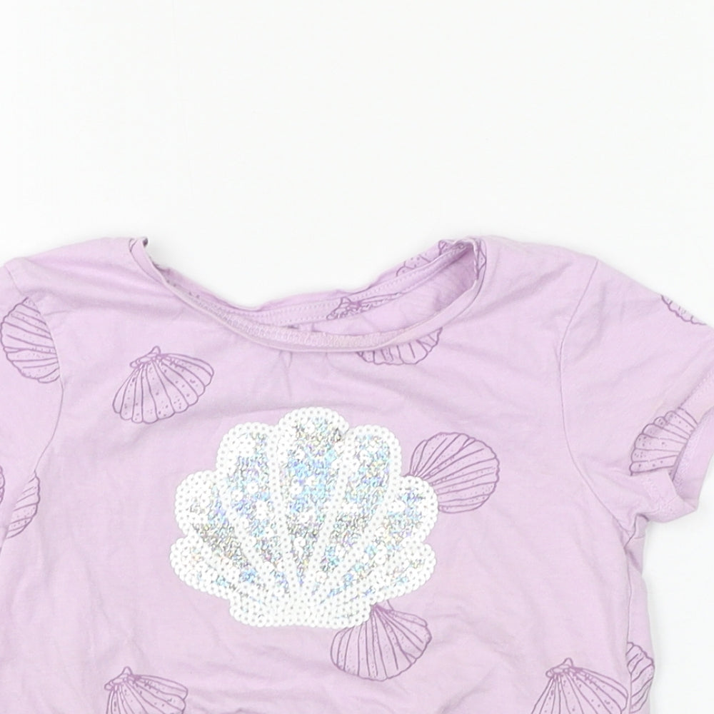 Primark Girls Purple Geometric Cotton Basic T-Shirt Size 4-5 Years Round Neck Pullover - Knot Front. Sea Shell