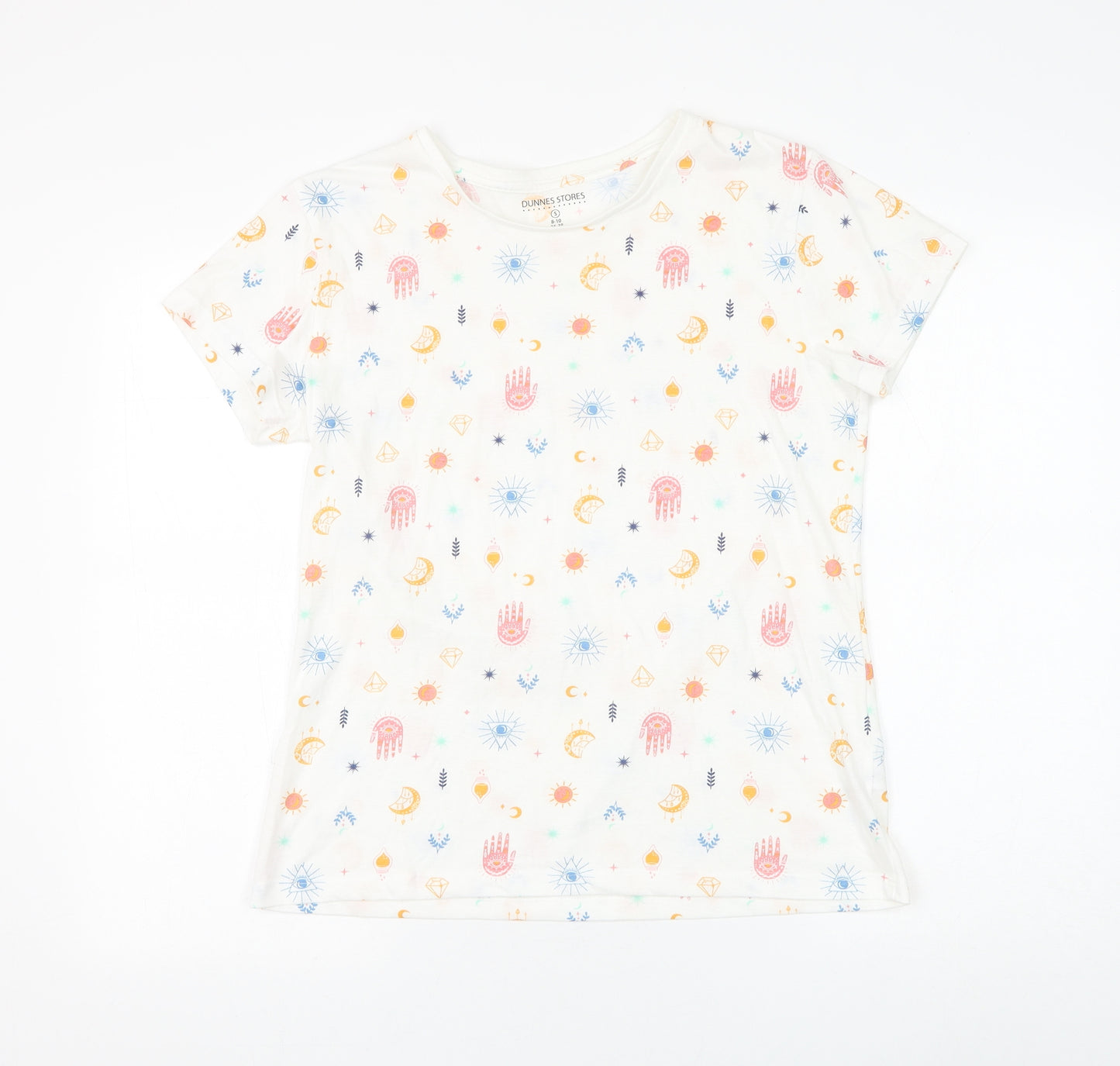 Dunnes Stores Womens White Geometric Polyester Basic T-Shirt Size 8 Round Neck