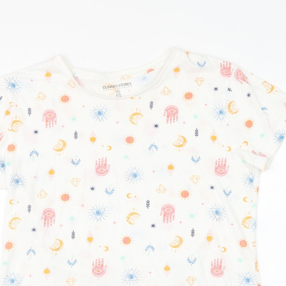 Dunnes Stores Womens White Geometric Polyester Basic T-Shirt Size 8 Round Neck