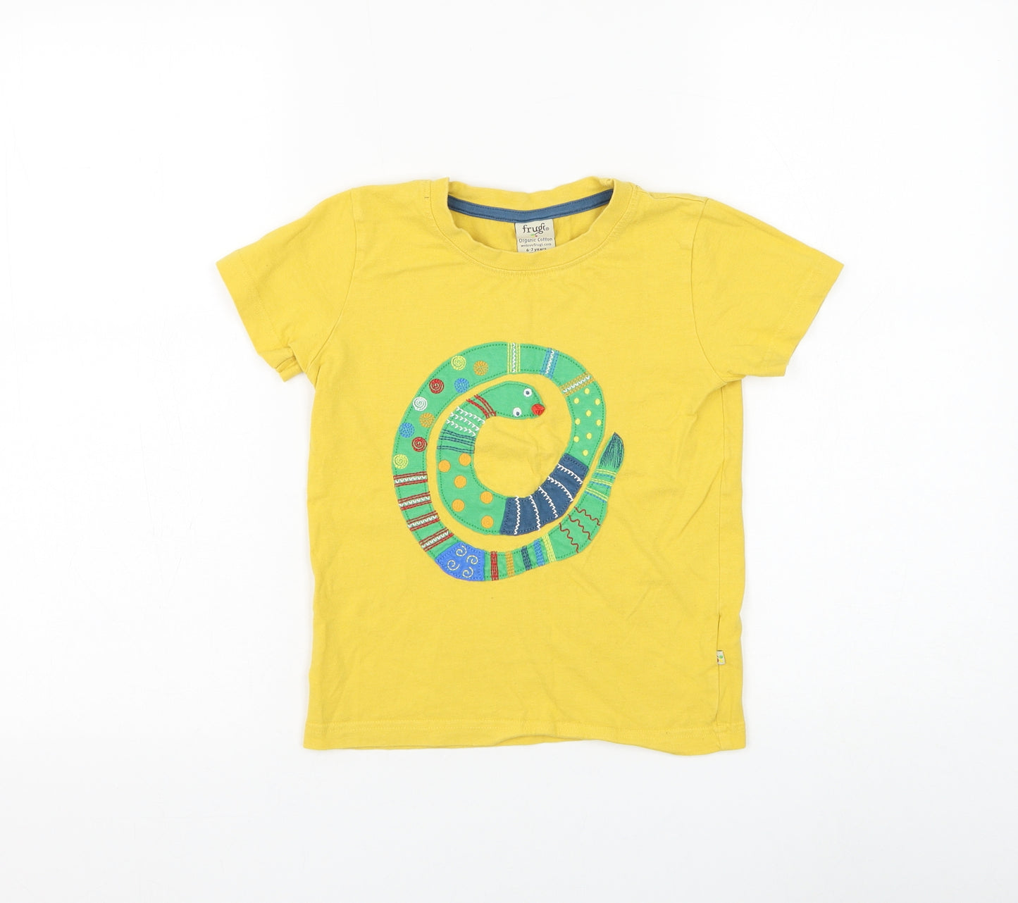 Frugi Boys Yellow Cotton Basic T-Shirt Size 6-7 Years Round Neck Pullover - Snake