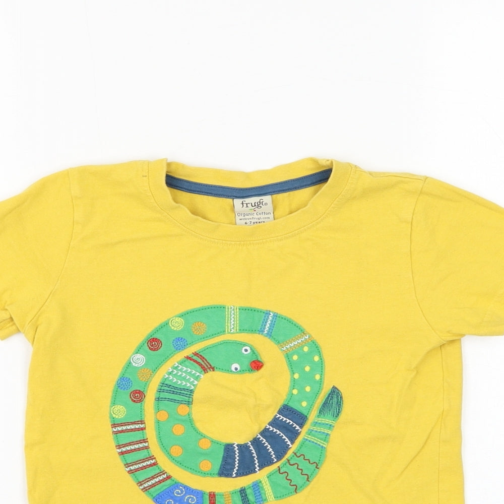 Frugi Boys Yellow Cotton Basic T-Shirt Size 6-7 Years Round Neck Pullover - Snake