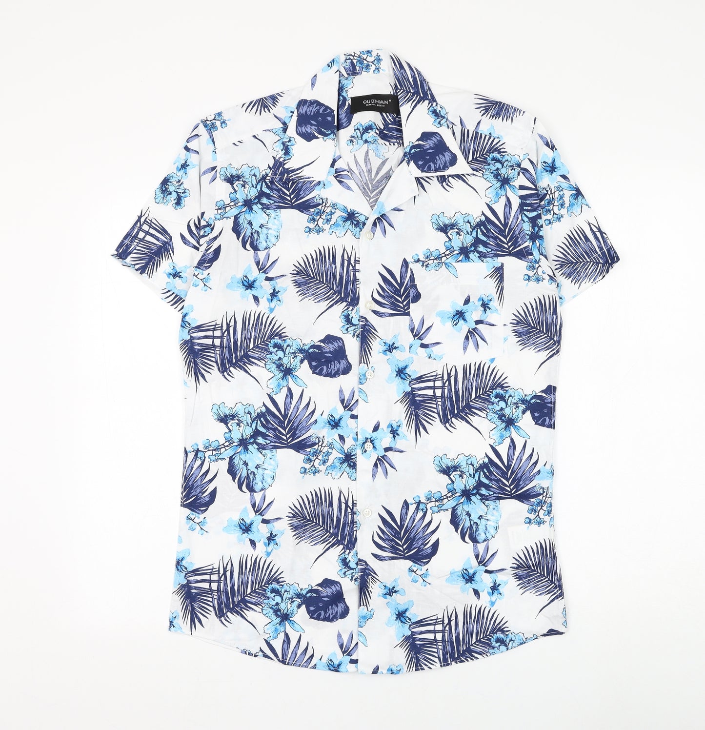 Quiz Mens White Floral Cotton Button-Up Size M Collared Button - Leaf Print