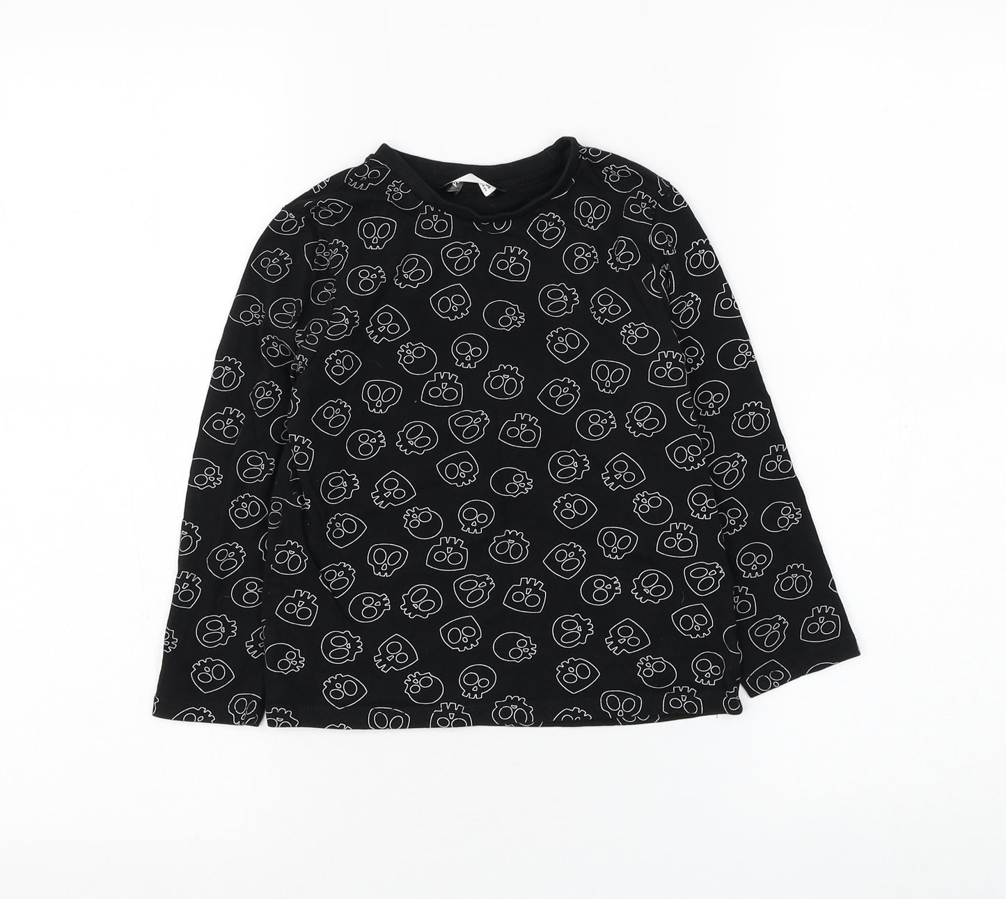 PEP&CO Boys Black Geometric Cotton Basic T-Shirt Size 5-6 Years Round Neck Pullover - Skull