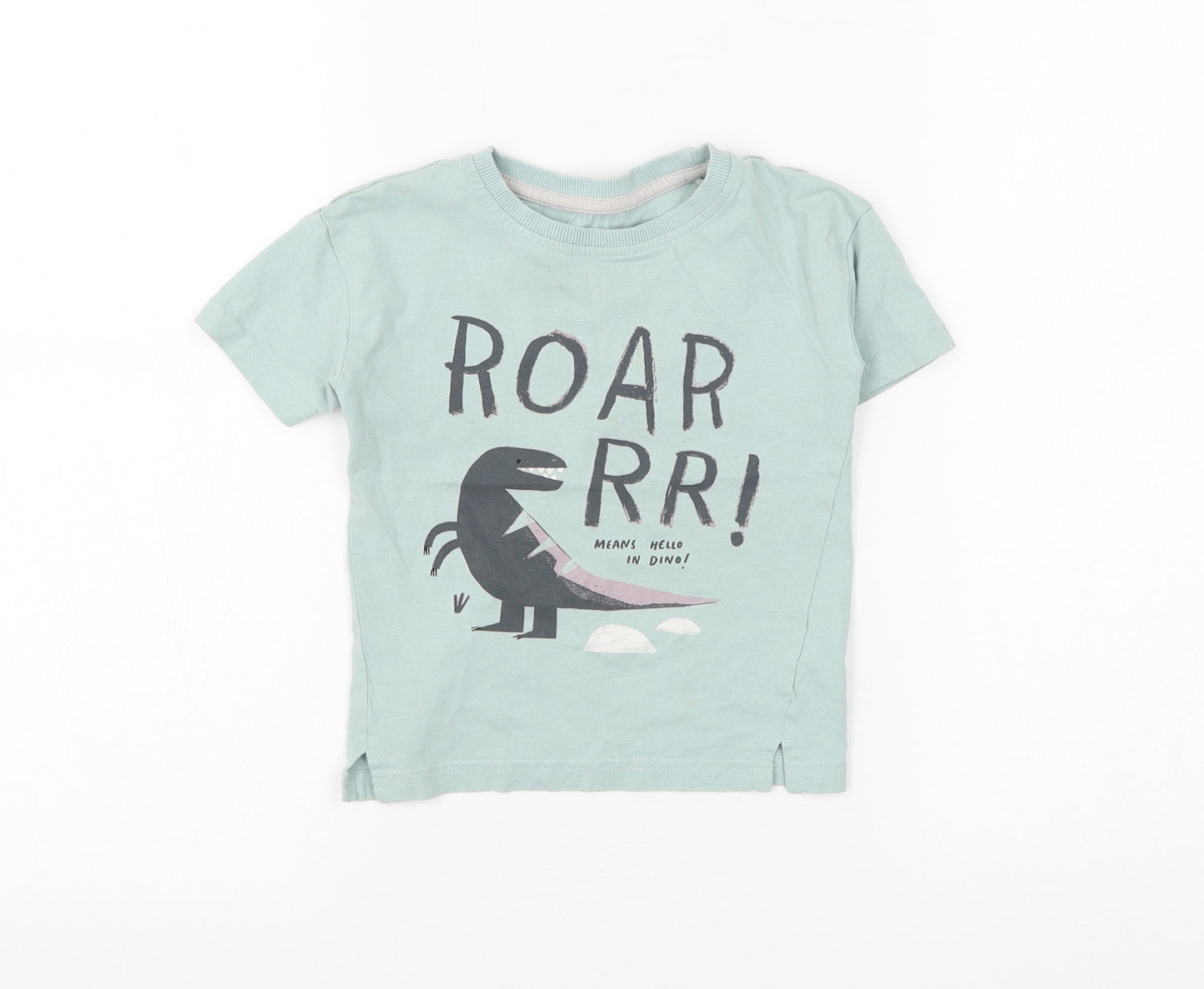 George Boys Green Cotton Basic T-Shirt Size 2-3 Years Round Neck Pullover - Dinosaur