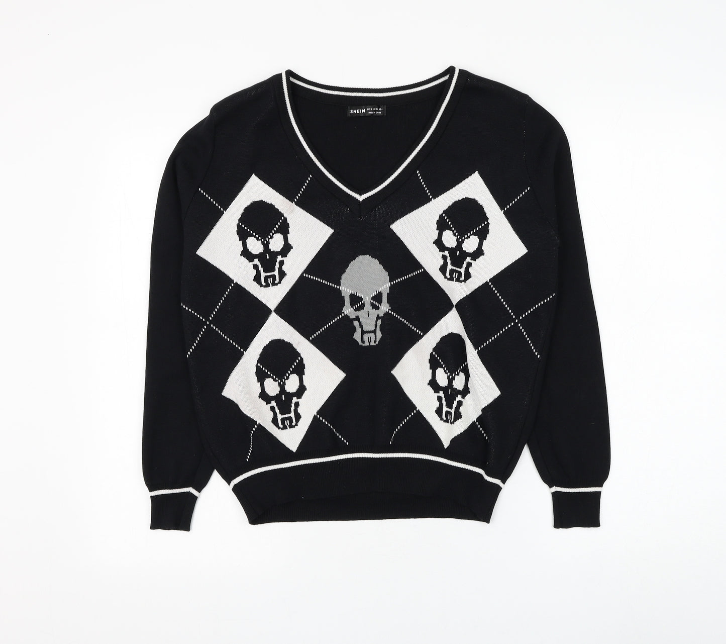 SheIn Womens Black V-Neck Argyle/Diamond Polyester Pullover Jumper Size S - Skull