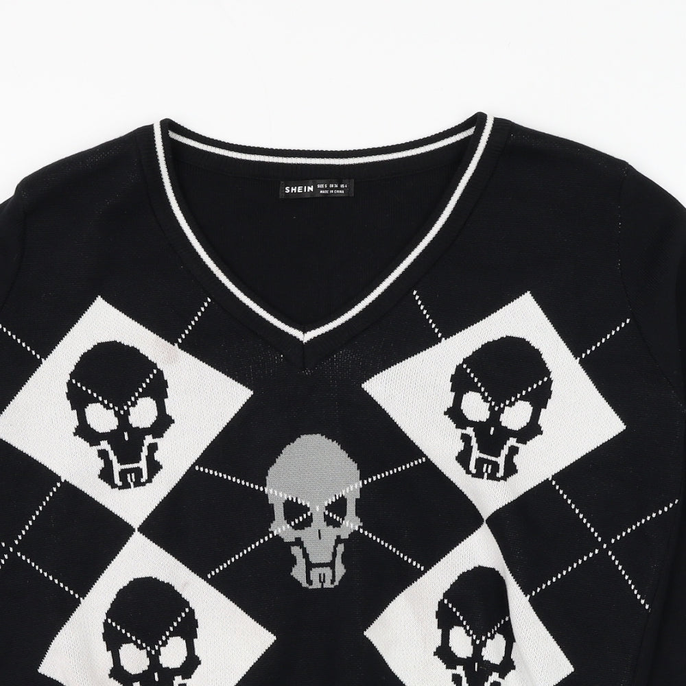 SheIn Womens Black V-Neck Argyle/Diamond Polyester Pullover Jumper Size S - Skull