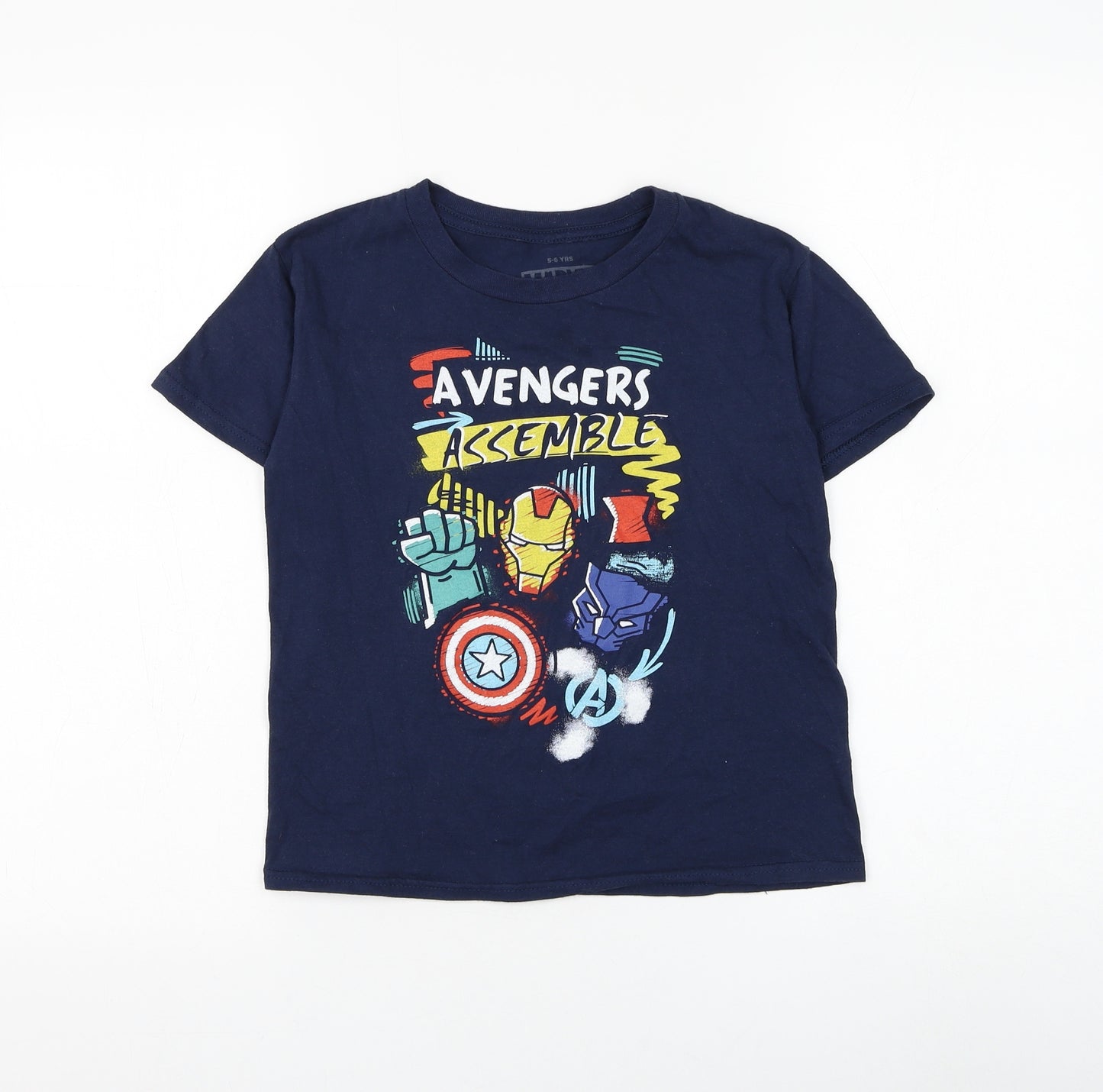 Marvel Boys Blue Cotton Basic T-Shirt Size 5-6 Years Round Neck Pullover - Avengers Assemble