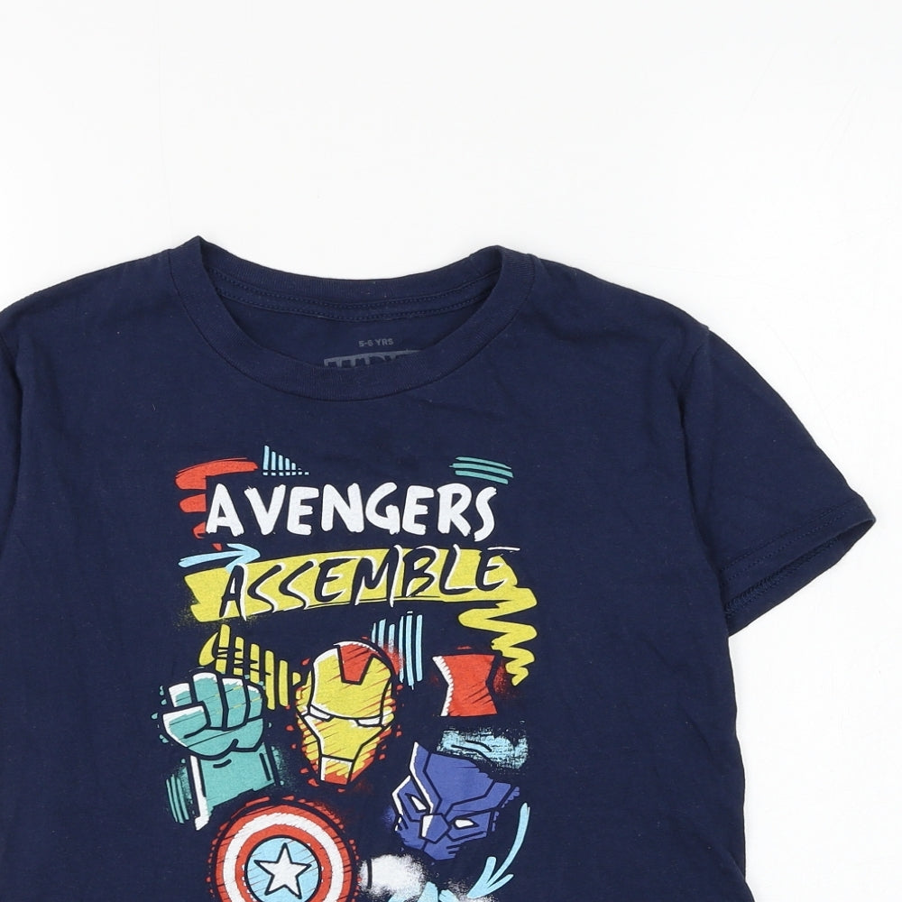 Marvel Boys Blue Cotton Basic T-Shirt Size 5-6 Years Round Neck Pullover - Avengers Assemble