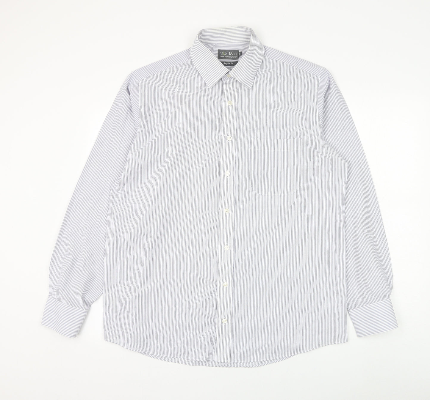 Marks and Spencer Mens Blue Striped Cotton Dress Shirt Size 16.5 Collared Button