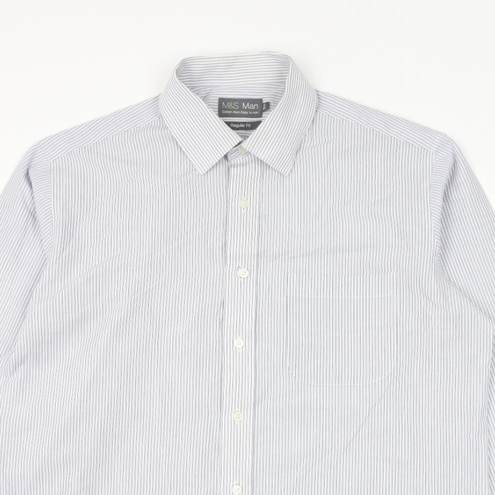 Marks and Spencer Mens Blue Striped Cotton Dress Shirt Size 16.5 Collared Button
