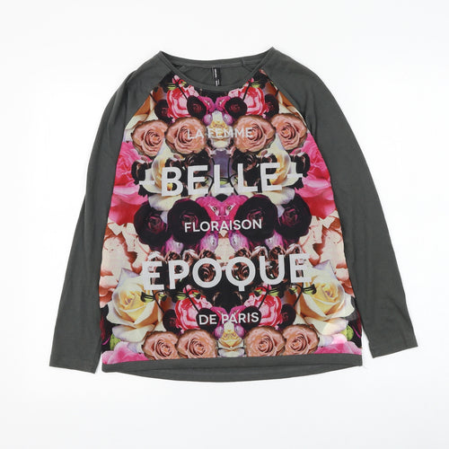 Outfitters Nation Womens Grey Floral Polyester Basic T-Shirt Size XS Round Neck - La Femme Belle