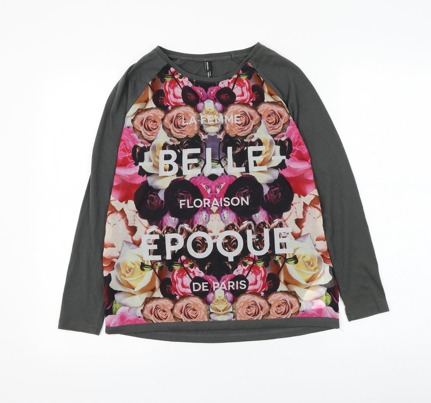 Outfitters Nation Womens Grey Floral Polyester Basic T-Shirt Size XS Round Neck - La Femme Belle