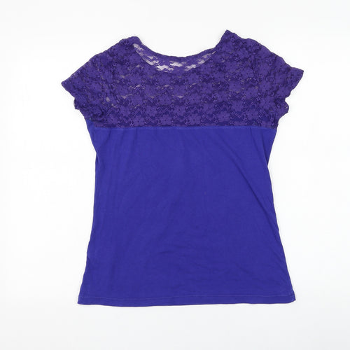 Preworn Womens Blue Cotton Basic T-Shirt Size S Round Neck - Lace Neckline
