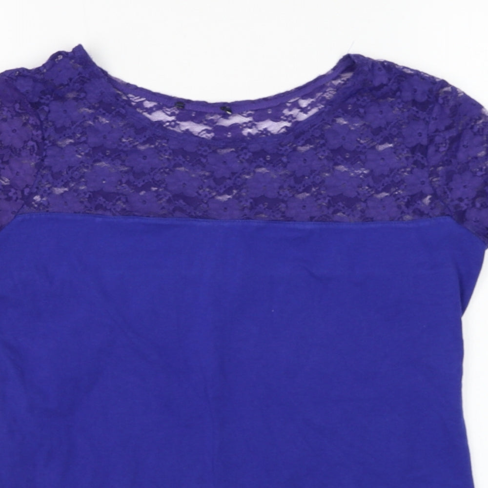 Preworn Womens Blue Cotton Basic T-Shirt Size S Round Neck - Lace Neckline