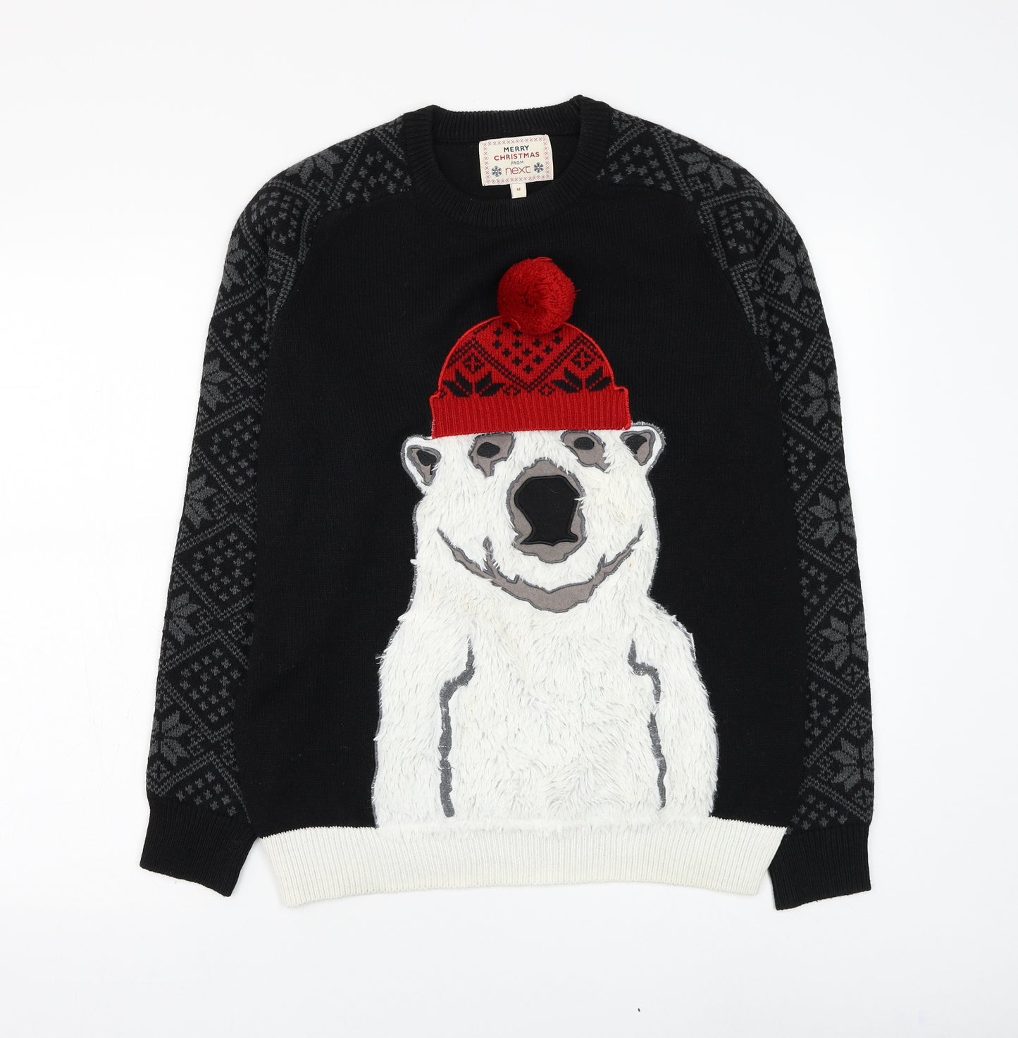 NEXT Mens Black Round Neck Fair Isle Acrylic Pullover Jumper Size M - Christmas Polar Bear