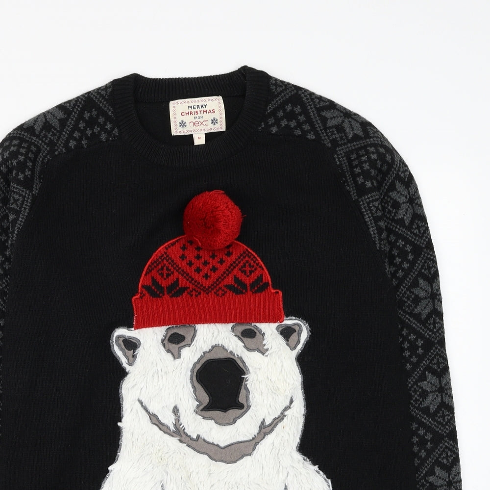 NEXT Mens Black Round Neck Fair Isle Acrylic Pullover Jumper Size M - Christmas Polar Bear