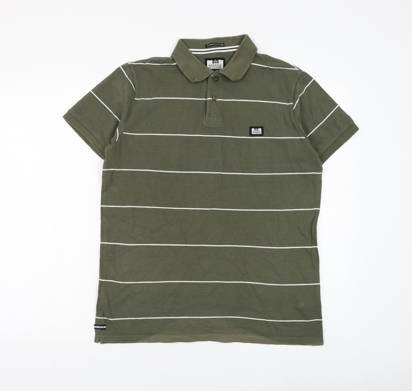 Weekend Offender Mens Green Striped Cotton Polo Size M Collared Button