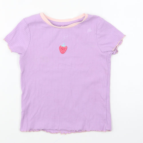 George Girls Purple Cotton Basic T-Shirt Size 2-3 Years Round Neck Pullover - Strawberry