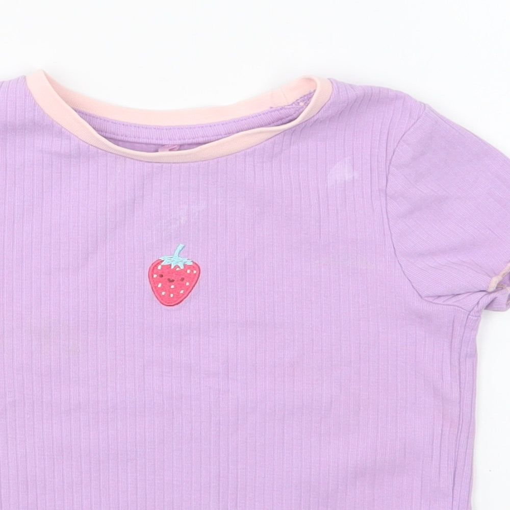 George Girls Purple Cotton Basic T-Shirt Size 2-3 Years Round Neck Pullover - Strawberry