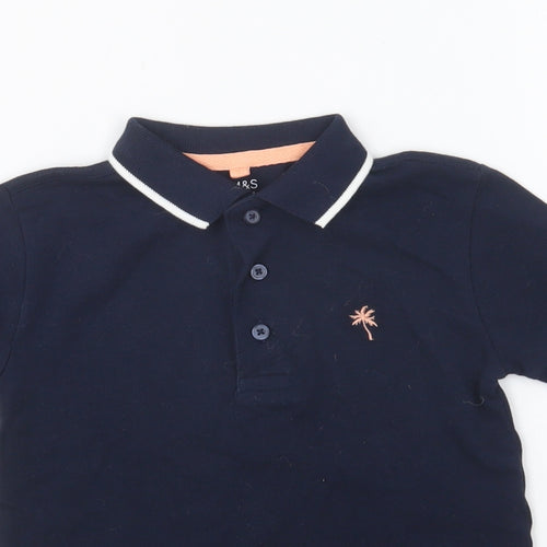 Marks and Spencer Girls Blue Cotton Basic Polo Size 2-3 Years Collared Button - Palm Tree