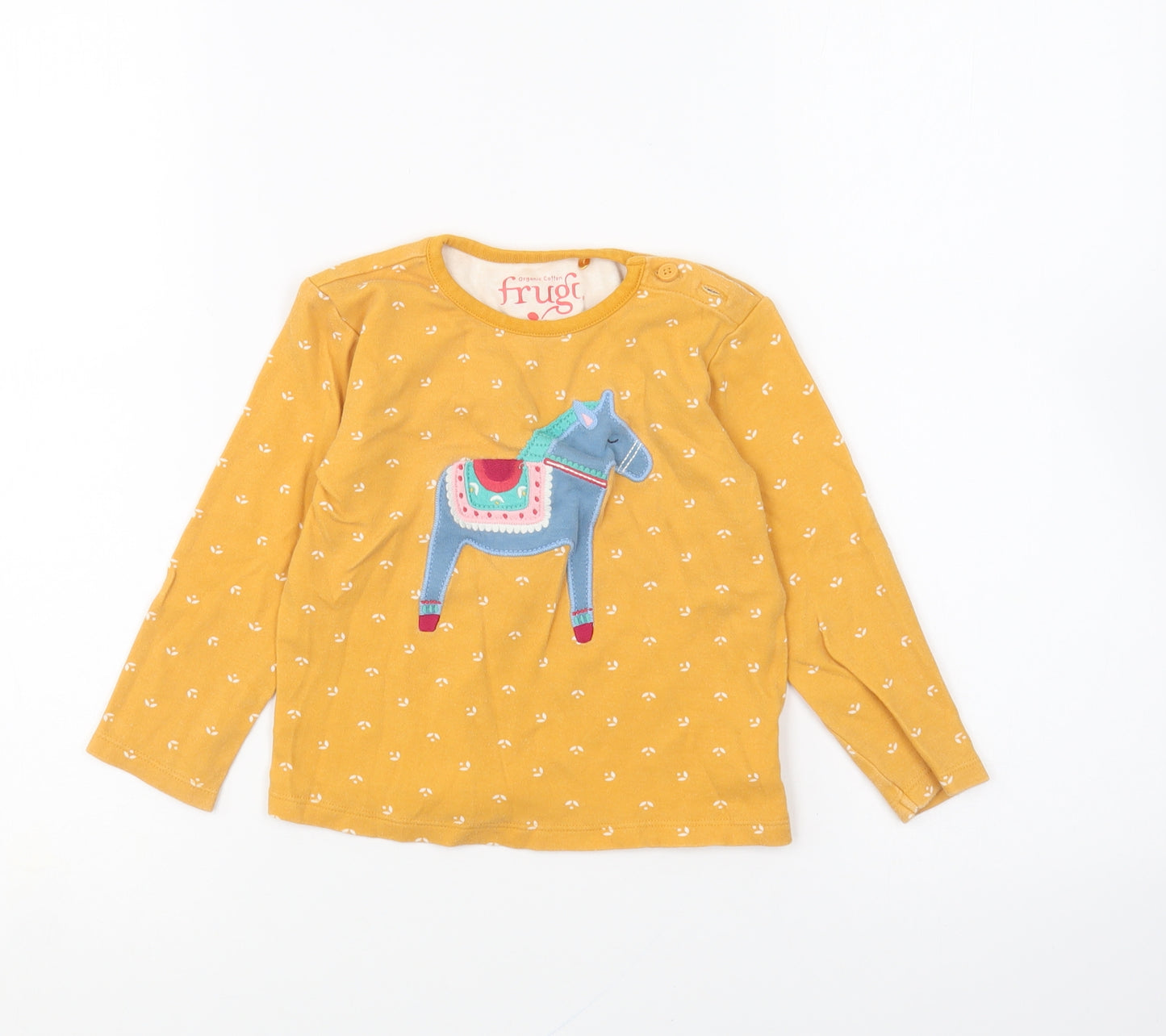 Frugi Girls Yellow Geometric Cotton Basic T-Shirt Size 2 Years Round Neck Pullover - Horse