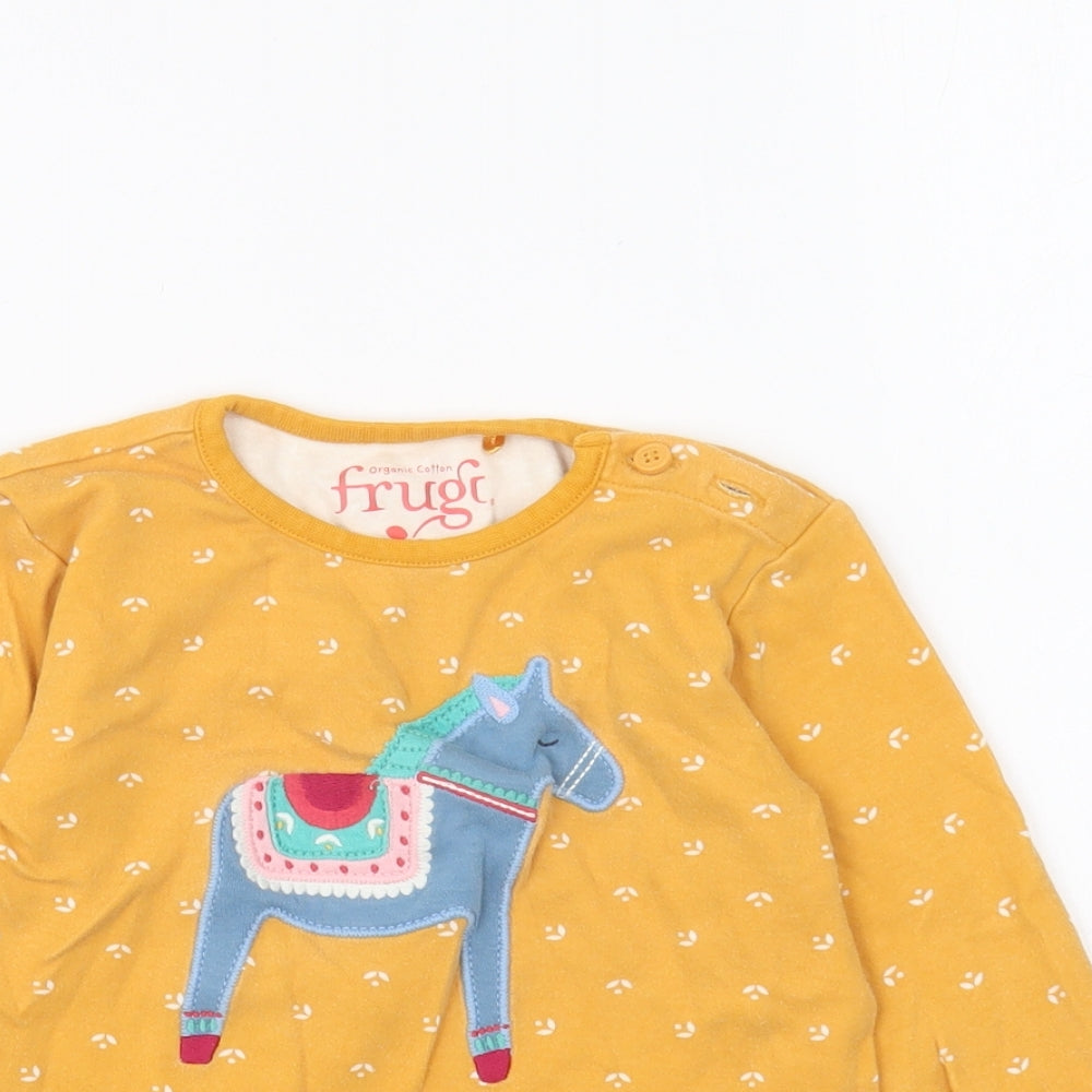 Frugi Girls Yellow Geometric Cotton Basic T-Shirt Size 2 Years Round Neck Pullover - Horse