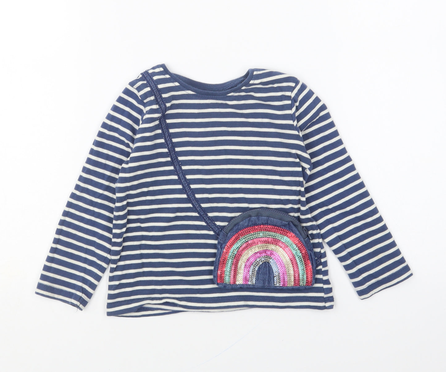 NEXT Girls Blue Striped Cotton Basic T-Shirt Size 2-3 Years Round Neck Pullover - Rainbow