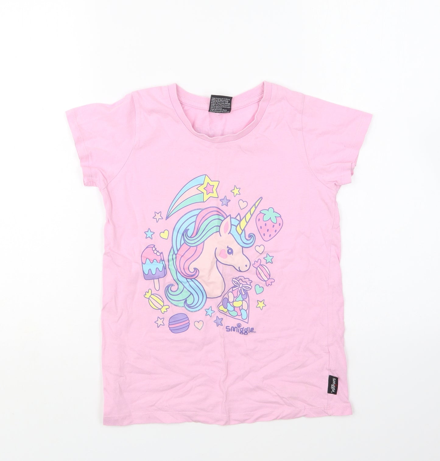 Smiggle Girls Pink Cotton Basic T-Shirt Size M Round Neck Pullover - Unicorn