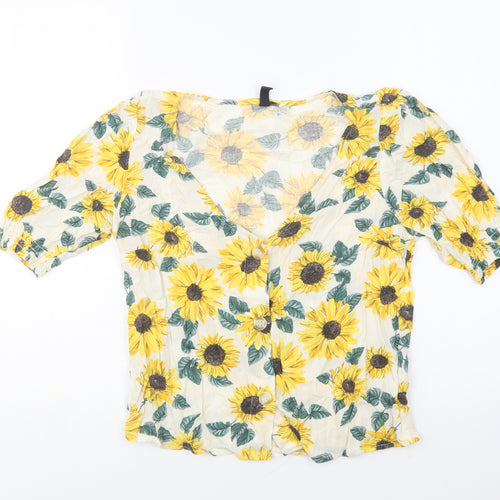 Divided by H&M Womens Yellow Floral Viscose Basic Button-Up Size 4 V-Neck