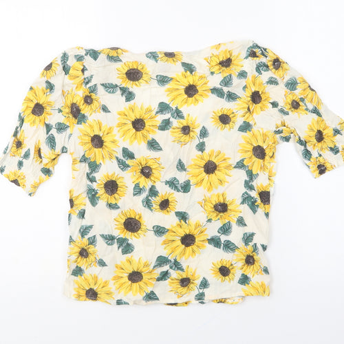 Divided by H&M Womens Yellow Floral Viscose Basic Button-Up Size 4 V-Neck